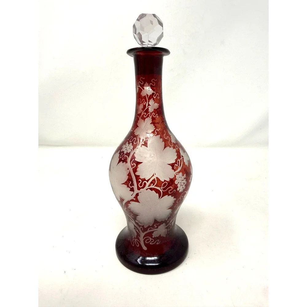 Vintage Bohemian Ruby Red Flashed Glass Decanter Etched Grape Vine Stopper